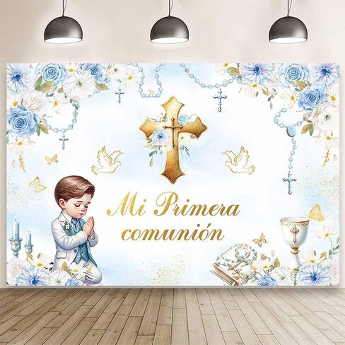 MEHOFOND 7x5ft Mi Primera Comunión Backdrop for Boy Blue Mi Bautizo Photography Background Floral Beads First Holy Communion Party Decorations Chalice Cross Pigeon God Bless Party Photo Props in Saudi Arabia