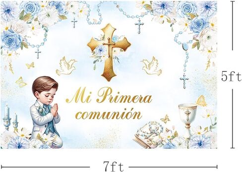 MEHOFOND 7x5ft Mi Primera Comunión Backdrop for Boy Blue Mi Bautizo Photography Background Floral Beads First Holy Communion Party Decorations Chalice Cross Pigeon God Bless Party Photo Props in Saudi Arabia