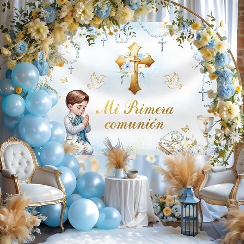 MEHOFOND 7x5ft Mi Primera Comunión Backdrop for Boy Blue Mi Bautizo Photography Background Floral Beads First Holy Communion Party Decorations Chalice Cross Pigeon God Bless Party Photo Props in Saudi Arabia