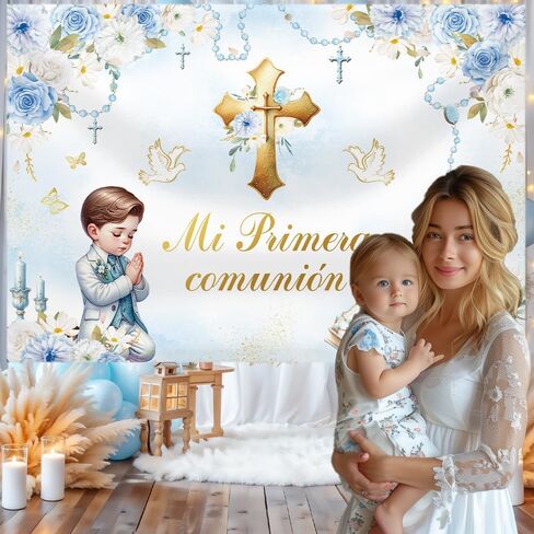 MEHOFOND 7x5ft Mi Primera Comunión Backdrop for Boy Blue Mi Bautizo Photography Background Floral Beads First Holy Communion Party Decorations Chalice Cross Pigeon God Bless Party Photo Props in Saudi Arabia