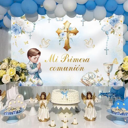 MEHOFOND 7x5ft Mi Primera Comunión Backdrop for Boy Blue Mi Bautizo Photography Background Floral Beads First Holy Communion Party Decorations Chalice Cross Pigeon God Bless Party Photo Props in Saudi Arabia