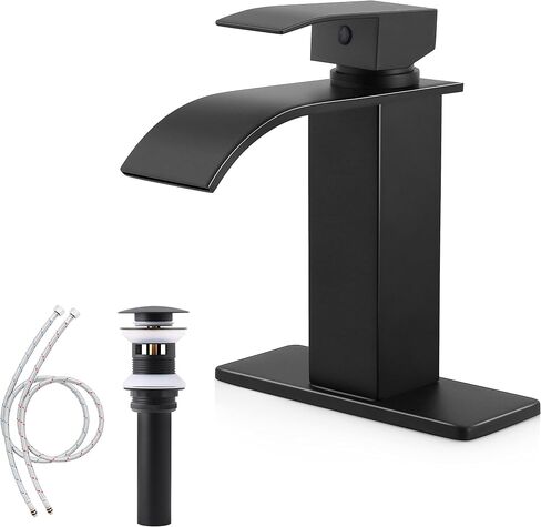Herogo Black Bathroom Faucet, Stainless Steel Modern Bathroom Sink Faucets with Pop-up Sink Drain & Deck Plate 1 or 3 Hole, Single Handle RV Washbasin Lavatory Faucet with 2 Water Hoses in Kuwait