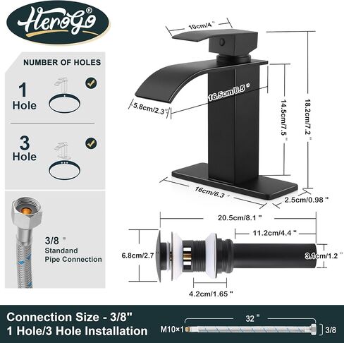 Herogo Black Bathroom Faucet, Stainless Steel Modern Bathroom Sink Faucets with Pop-up Sink Drain & Deck Plate 1 or 3 Hole, Single Handle RV Washbasin Lavatory Faucet with 2 Water Hoses in Kuwait