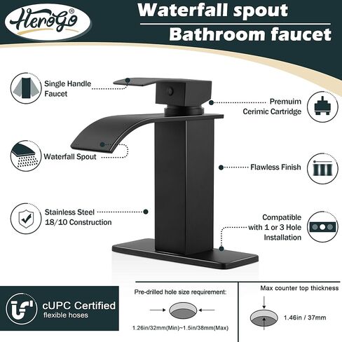Herogo Black Bathroom Faucet, Stainless Steel Modern Bathroom Sink Faucets with Pop-up Sink Drain & Deck Plate 1 or 3 Hole, Single Handle RV Washbasin Lavatory Faucet with 2 Water Hoses in Kuwait