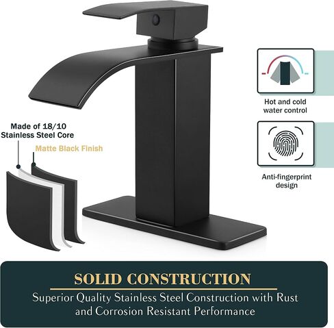 Herogo Black Bathroom Faucet, Stainless Steel Modern Bathroom Sink Faucets with Pop-up Sink Drain & Deck Plate 1 or 3 Hole, Single Handle RV Washbasin Lavatory Faucet with 2 Water Hoses in Kuwait