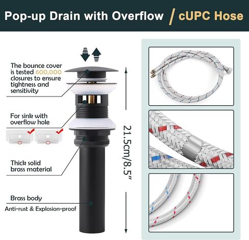 Herogo Black Bathroom Faucet, Stainless Steel Modern Bathroom Sink Faucets with Pop-up Sink Drain & Deck Plate 1 or 3 Hole, Single Handle RV Washbasin Lavatory Faucet with 2 Water Hoses in Kuwait