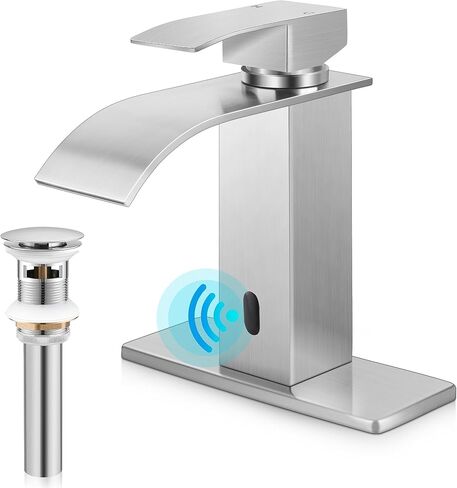Herogo Bathroom Sink Faucet, Brushed Nickel Waterfall Stainless Steel Bathroom Faucet with Pop Up Drain & 2 Water Hoses for 1 Hole or 3 Holes, Single Handle, Deck Mount, for Vanity RV Lavatory in Saudi Arabia