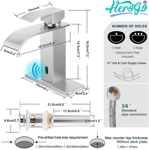 Herogo Bathroom Sink Faucet, Brushed Nickel Waterfall Stainless Steel Bathroom Faucet with Pop Up Drain & 2 Water Hoses for 1 Hole or 3 Holes, Single Handle, Deck Mount, for Vanity RV Lavatory in Saudi Arabia