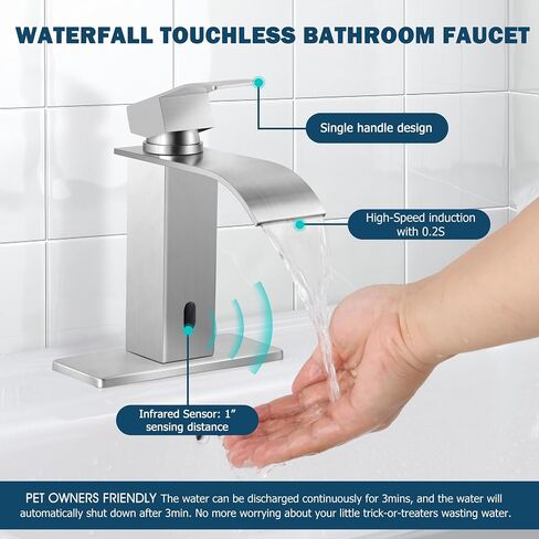 Herogo Bathroom Sink Faucet, Brushed Nickel Waterfall Stainless Steel Bathroom Faucet with Pop Up Drain & 2 Water Hoses for 1 Hole or 3 Holes, Single Handle, Deck Mount, for Vanity RV Lavatory in Saudi Arabia
