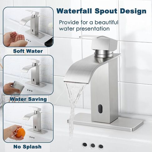 Herogo Bathroom Sink Faucet, Brushed Nickel Waterfall Stainless Steel Bathroom Faucet with Pop Up Drain & 2 Water Hoses for 1 Hole or 3 Holes, Single Handle, Deck Mount, for Vanity RV Lavatory in Saudi Arabia
