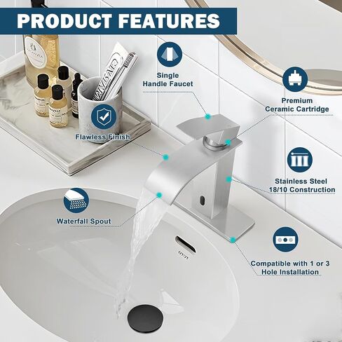 Herogo Bathroom Sink Faucet, Brushed Nickel Waterfall Stainless Steel Bathroom Faucet with Pop Up Drain & 2 Water Hoses for 1 Hole or 3 Holes, Single Handle, Deck Mount, for Vanity RV Lavatory in Saudi Arabia