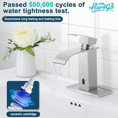 Herogo Bathroom Sink Faucet, Brushed Nickel Waterfall Stainless Steel Bathroom Faucet with Pop Up Drain & 2 Water Hoses for 1 Hole or 3 Holes, Single Handle, Deck Mount, for Vanity RV Lavatory in Saudi Arabia