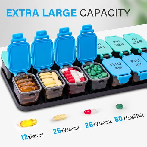 Extra Large Weekly Pill Organizer - 7 Day AM/PM Pill Box, Twice a Day XL Pill Container for Vitamins and Supplements, Airtight & Detachable Design, Ideal for Daily Medication Management in Kuwait