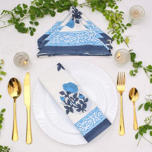 Hand Block Printed Napkins, Cotton Cloth Napkin, 100% Pure Cotton Indian Block Printed Napkins, Set of 4 Cotton 20X20 Inch Dinner Napkins, Kitchen Towel Washable Napkins, Birhday Gift For Her in Saudi Arabia