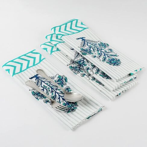 مناديل مطبوعة يدويًا، مناديل قماش قطنية، مناديل مطبوعة هندية نقية 100%، مجموعة من 4 مناديل عشاء قطنية مقاس 20 × 20 بوصة، مناديل مطبخ قابلة للغسل، هدية عيد ميلاد لها in Kuwait