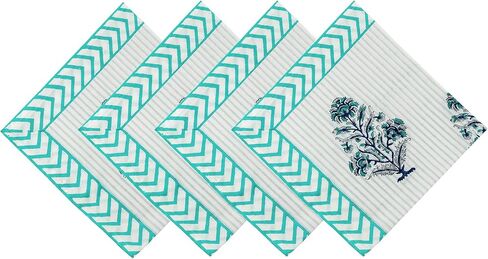 مناديل مطبوعة يدويًا، مناديل قماش قطنية، مناديل مطبوعة هندية نقية 100%، مجموعة من 4 مناديل عشاء قطنية مقاس 20 × 20 بوصة، مناديل مطبخ قابلة للغسل، هدية عيد ميلاد لها in Kuwait