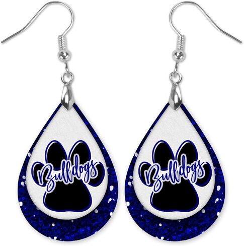 Bulldogs Blue & White Team School Football Dangle Earrings Teardrop MDF Wood Sports Fan Jewelry for Women Handmade by The Painted Pug (Blue White Lg Pawprint) (Front Side Image Only) in Saudi Arabia