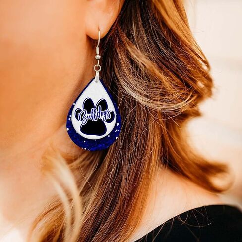 Bulldogs Blue & White Team School Football Dangle Earrings Teardrop MDF Wood Sports Fan Jewelry for Women Handmade by The Painted Pug (Blue White Lg Pawprint) (Front Side Image Only) in Saudi Arabia