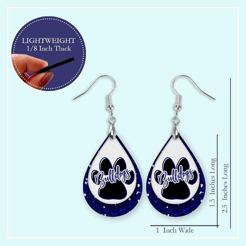 Bulldogs Blue & White Team School Football Dangle Earrings Teardrop MDF Wood Sports Fan Jewelry for Women Handmade by The Painted Pug (Blue White Lg Pawprint) (Front Side Image Only) in Saudi Arabia