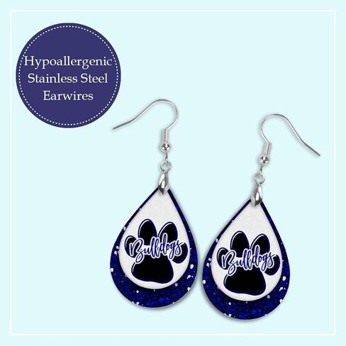 Bulldogs Blue & White Team School Football Dangle Earrings Teardrop MDF Wood Sports Fan Jewelry for Women Handmade by The Painted Pug (Blue White Lg Pawprint) (Front Side Image Only) in Saudi Arabia