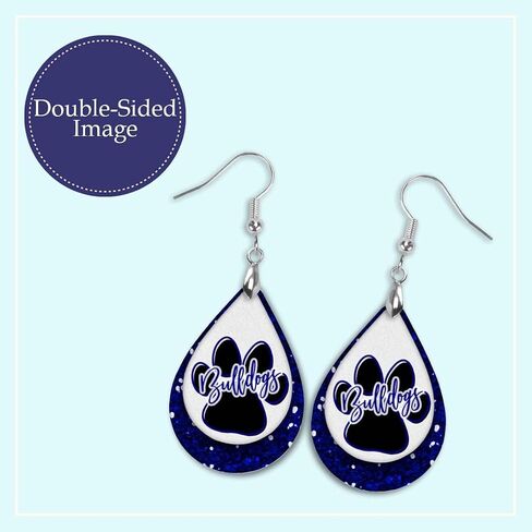Bulldogs Blue & White Team School Football Dangle Earrings Teardrop MDF Wood Sports Fan Jewelry for Women Handmade by The Painted Pug (Blue White Lg Pawprint) (Front Side Image Only) in Saudi Arabia