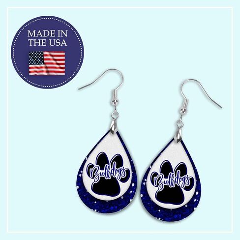 Bulldogs Blue & White Team School Football Dangle Earrings Teardrop MDF Wood Sports Fan Jewelry for Women Handmade by The Painted Pug (Blue White Lg Pawprint) (Front Side Image Only) in Saudi Arabia