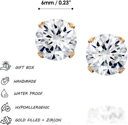 Gold Filled CZ Diamond Stud Earrings - Handmade Zircon Bridal and Bridesmaids Post Earrings - 6mm in Kuwait
