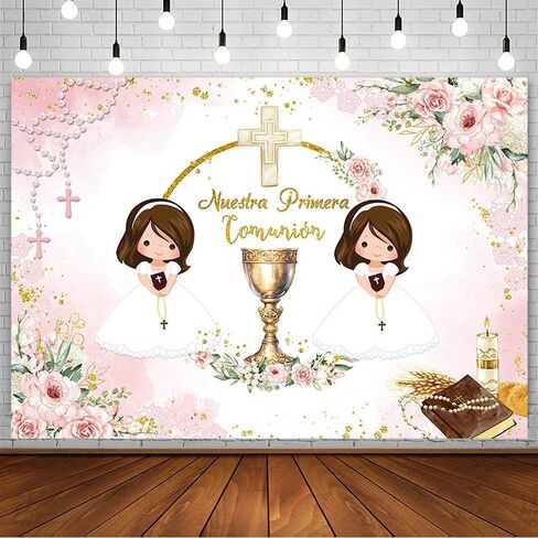 7x5ft Mi Primera Comunion Backdrop for Twin Girls Nuestra Primera Comunión God Bless Baptism Party Decor Christening Ceremony Mi Bautizo Banner Chalice Floral Photography Background Photo Prop in Saudi Arabia