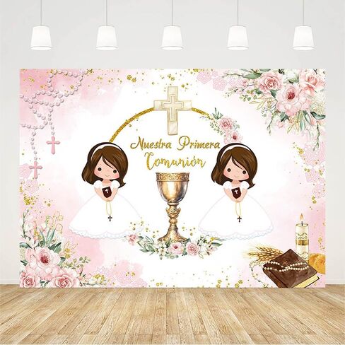 7x5ft Mi Primera Comunion Backdrop for Twin Girls Nuestra Primera Comunión God Bless Baptism Party Decor Christening Ceremony Mi Bautizo Banner Chalice Floral Photography Background Photo Prop in Saudi Arabia