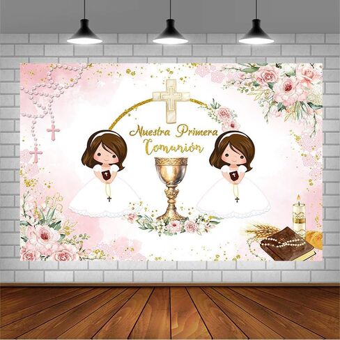 7x5ft Mi Primera Comunion Backdrop for Twin Girls Nuestra Primera Comunión God Bless Baptism Party Decor Christening Ceremony Mi Bautizo Banner Chalice Floral Photography Background Photo Prop in Saudi Arabia
