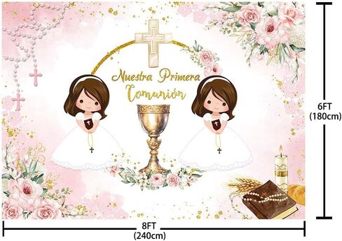 7x5ft Mi Primera Comunion Backdrop for Twin Girls Nuestra Primera Comunión God Bless Baptism Party Decor Christening Ceremony Mi Bautizo Banner Chalice Floral Photography Background Photo Prop in Saudi Arabia