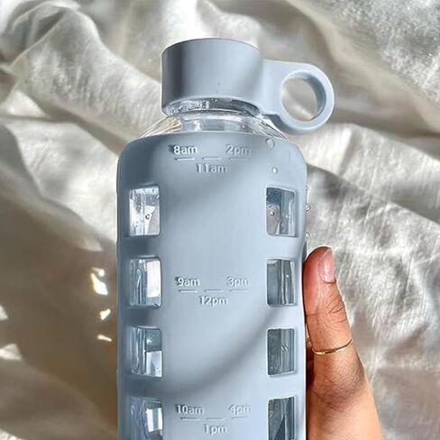 purifyou Replacement Cap for 40, 32, 22, 12 oz Reusable Glass Water Bottle with Time & Volume Markings, Non-Slip Silicone Sleeve, Stainless Steel Lid Insert, Sports Bottle for Water, Juice in Kuwait