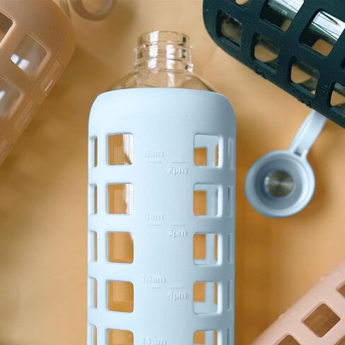purifyou Replacement Cap for 40, 32, 22, 12 oz Reusable Glass Water Bottle with Time & Volume Markings, Non-Slip Silicone Sleeve, Stainless Steel Lid Insert, Sports Bottle for Water, Juice in Kuwait