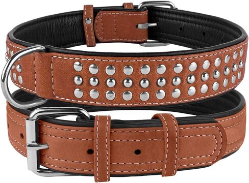 CollarDirect Studded Dog Collar Leather Pet Collars for Dogs Small Medium Large Puppy Soft Padded Brown Black (Black, Neck fit 20" - 22") in Saudi Arabia