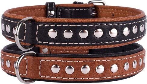 CollarDirect Studded Dog Collar Leather Pet Collars for Dogs Small Medium Large Puppy Soft Padded Brown Black (Black, Neck fit 20" - 22") in Saudi Arabia