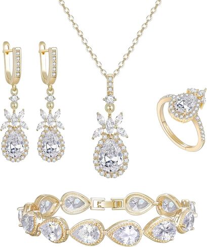 EleQueen Water Drop Pendant Necklace Long Dangle Earrings Tennis Bracelet Set, Sparkle Cubic Zirconia Teardrop Wedding Jewelry Sets for Bride Bridesmaid in Kuwait