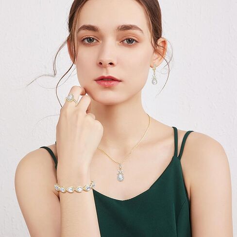 EleQueen Water Drop Pendant Necklace Long Dangle Earrings Tennis Bracelet Set, Sparkle Cubic Zirconia Teardrop Wedding Jewelry Sets for Bride Bridesmaid in Kuwait