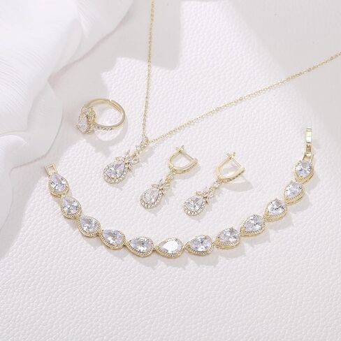 EleQueen Water Drop Pendant Necklace Long Dangle Earrings Tennis Bracelet Set, Sparkle Cubic Zirconia Teardrop Wedding Jewelry Sets for Bride Bridesmaid in Kuwait