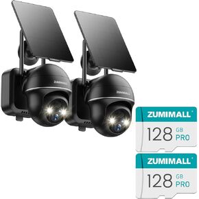 ZUMIMALL Security Cameras Wireless Outdoor - 2 Packs, 360°View Outdoor Camera Wireless Solar Powered,2.4G WiFi, 128GB SD Card for Security Cameras