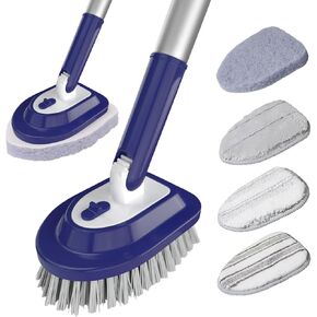 Shower Tub Tile Scrubber with Long Handle for Cleaning, 60 Inch 4-in-1 Shower Cleaner Brush with 7 Replaceable Heads, Extendable Scrubber for Cleaning Bathroom Shower Bathtub Floor (Ocean Blue)
