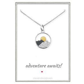 Sterling Silver Mountain Range and Bronze Sun Necklace, Mountain Necklace for Women, Travel Necklace, Outdoors Necklace (16 inches + 2-inch extender)