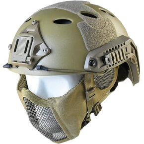 Tactical Foldable Half Face Airsoft Mesh Mask with Ear Protection and Tactical Airsoft Fast Helmet Adjustable H-Nape Helmet Chin Strap Large Size for Older Teenager or Adult