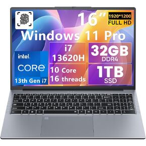Windows 11 Laptop Computer 16“ Intel Core i7-13620H 13th Gen Processor 4.9GHz 32GB DDR4 RAM 1TB SSD FHD Display, Numeric Keypad Backlit KB Type-C for Business & Student Gaming Traditional Laptop PC