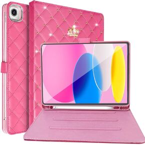 لجيل iPad 9.7 بوصة 6/5th الجيل 2018/2017 ، iPad Air 2/Air مع حامل القلم الرصاص ، تاج لطيف Girly Diamond Pu Leather Sleep/Wake Stand STAND APAD 9.7 "، Hot Pink