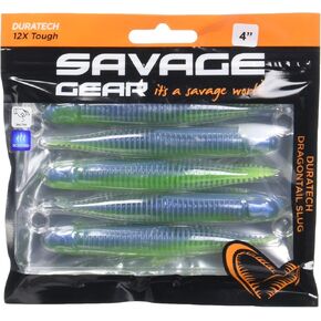 Savage Gear Toughtec Dragontail Slug Fishing Bait, 4 in, Electric Blue Chartreuse, Realistic Contours, Colors and Movement, Toughtec Construction, Scent Infused, Hyper-Ribbed Body