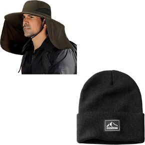 Year-Round Hat Combo: Fishing Hat,Outdoor UV Waterproof Wide Brim Bucket Hat + Knit Cuffed Beanie Warm Winter Hats for Men & Women