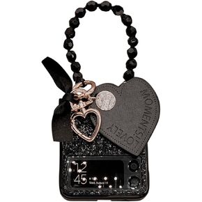 Galaxy Z Flip 4 Cute Black Hard Shockproof Bling Case with Two Chains for Women