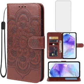 Case for Galaxy A55, Samsung A55 SM-A556U Wallet Case with Tempered Glass Screen Protector, Mandala Leather Flip Credit Card Holder Stand Phone Cover Cases for Samsung Galaxy A55 5G Purple in Kuwait
