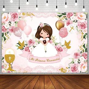7x5ft Baptism Backdrop for Girl Mi Primera Comunion Christening Photography Background God Bless First Holy Communion Mi Bautizo Chalice Balloon Pink Floral Party Decorations Banner Photo Props