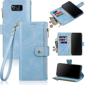 Antsturdy for Samsung Galaxy S8 Wallet Case with Card Holder Women Men,Galaxy S8 Phone Case RFID Blocking PU Leather Flip Shockproof Cover Wrist Strap Zipper Credit Card Slots,Sky Blue